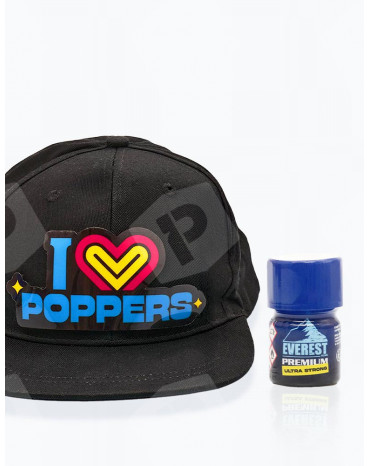 Pack Casquette LED "I LOVE POPPERS" + Everest Premium Ultra Strong 15 ml. - Vue de face