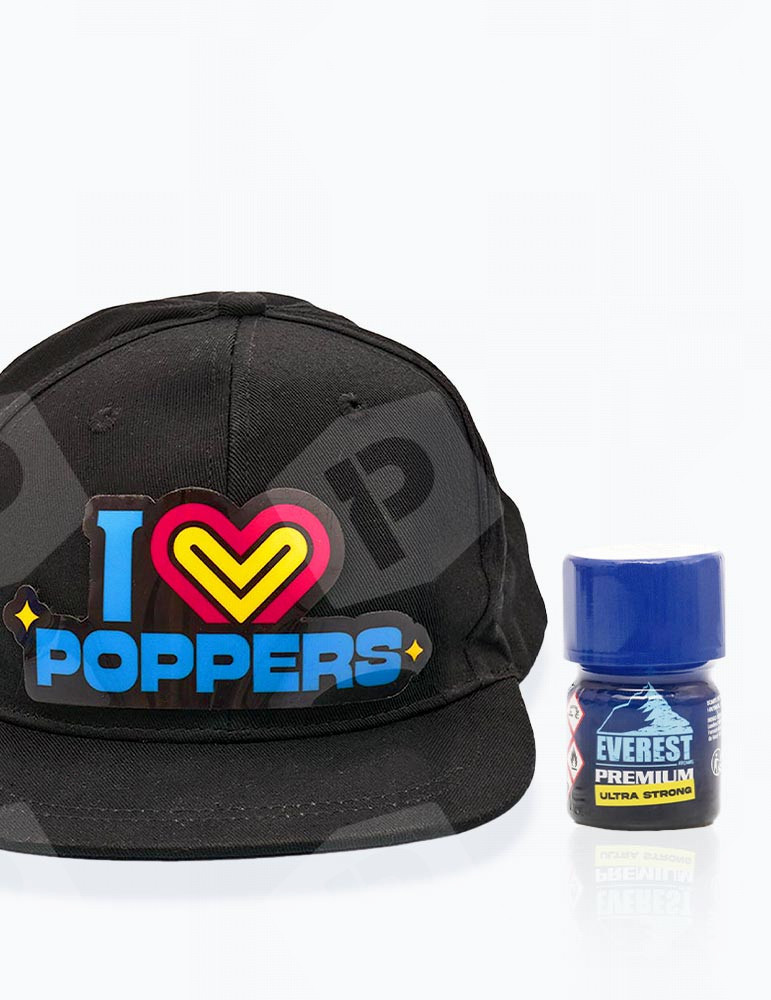 Pack Casquette LED "I LOVE POPPERS" + Everest Premium Ultra Strong 15 ml. - Vue de face
