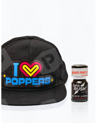 Pack Casquette LED "I LOVE POPPERS" + Super Rush Black Label 10 ml - Vue de face