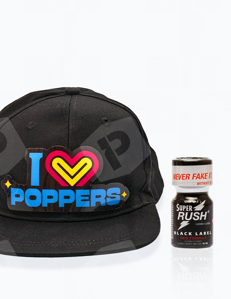 Pack Casquette LED "I LOVE POPPERS" + Super Rush Black Label 10 ml - Vue de face