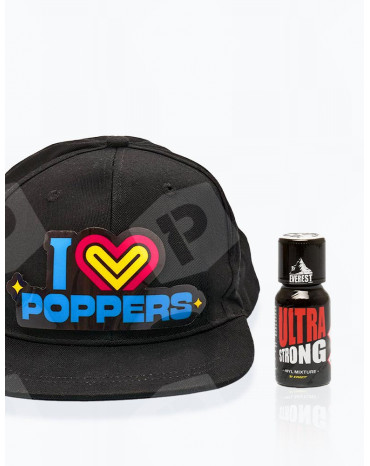 Pack Casquette LED "I LOVE POPPERS" + Ultra Strong 15 ml - vue de face