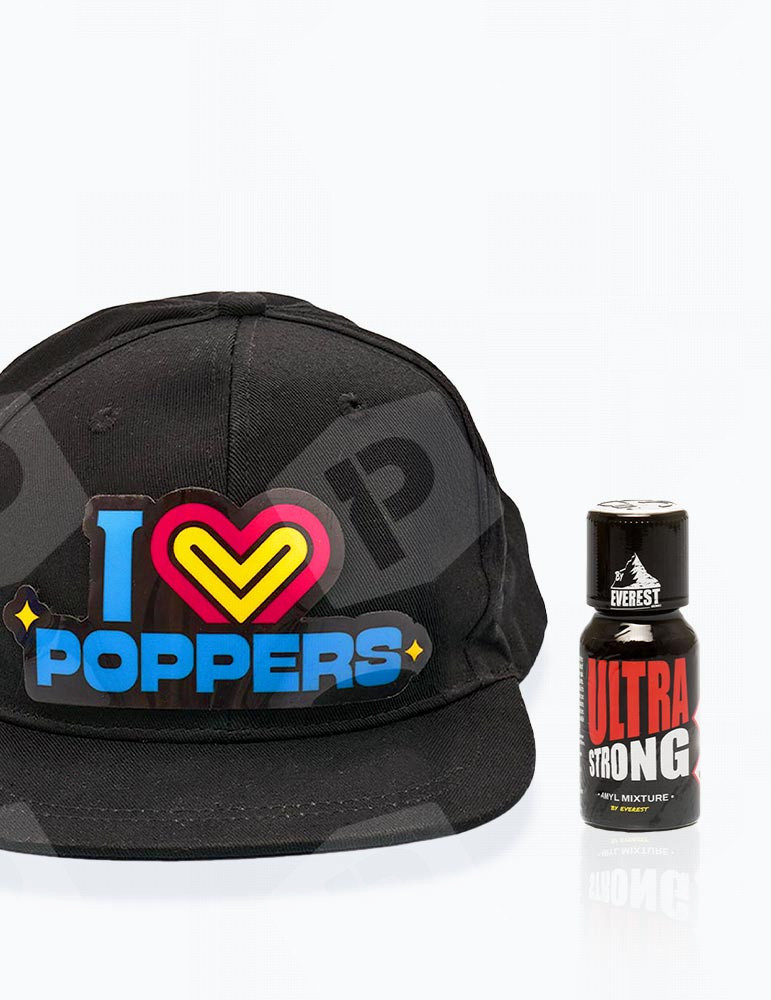 Pack Casquette LED "I LOVE POPPERS" + Ultra Strong 15 ml - vue de face