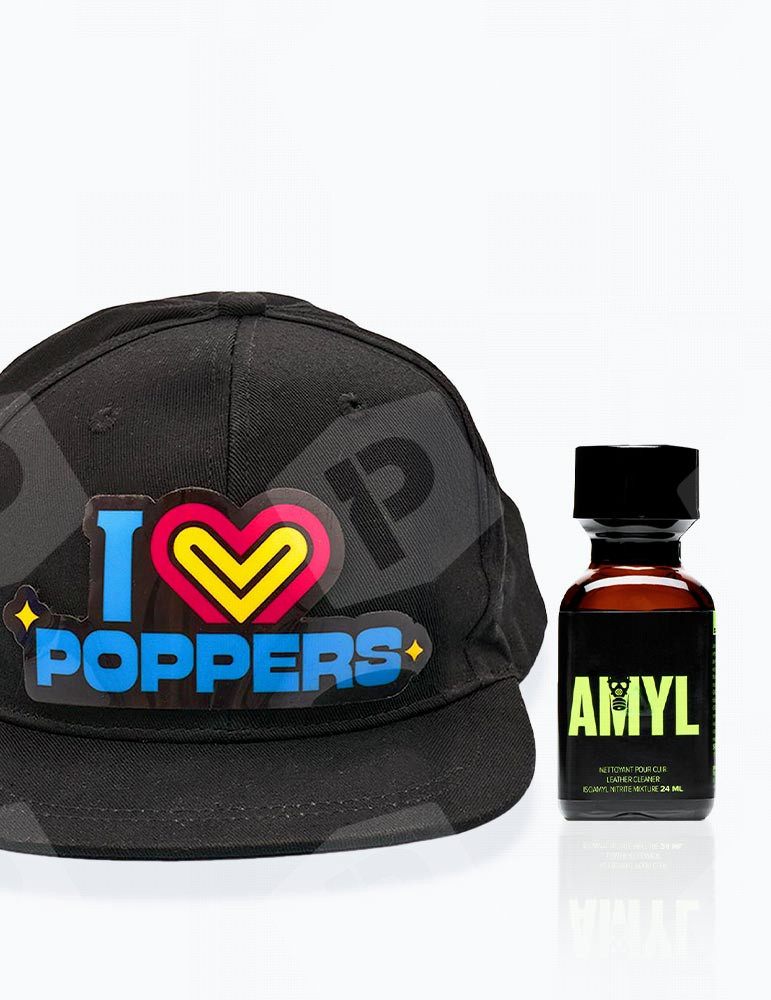 Pack Casquette LED "I LOVE POPPERS" + Amyl 24 ml - Vue de face
