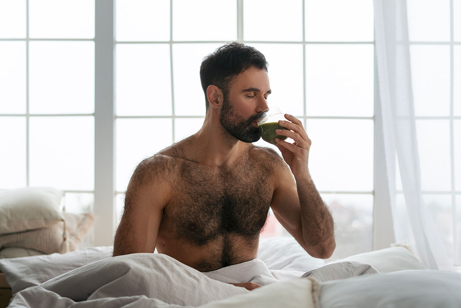 Homme qui boit torse nu. Complément alimentaire pour améliorer les performances sexuelles.
