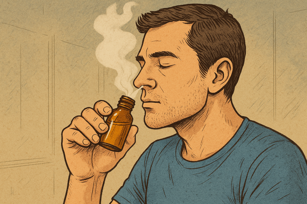Homme qui inhale du poppers par le nez