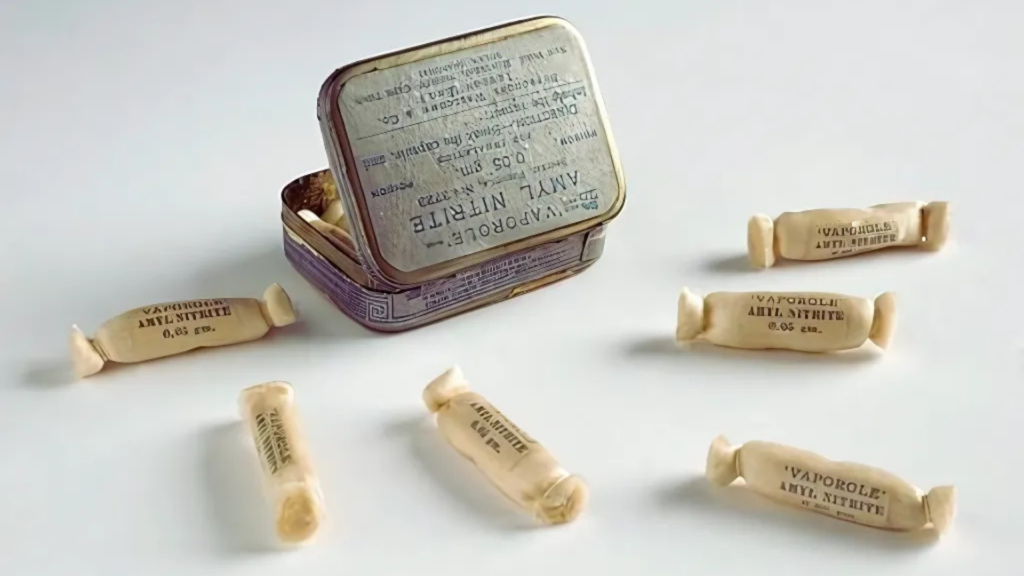 Boite en métal de 1910 contenant des ampoules à base de nitrite d'amyle pour la médecine