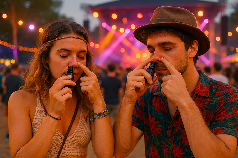 Homme et femme en train de prendre du poppers dans un festival