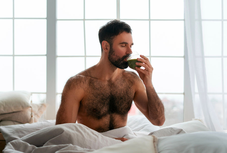Homme torse nu qui bois un jus pour la stimulation érectile