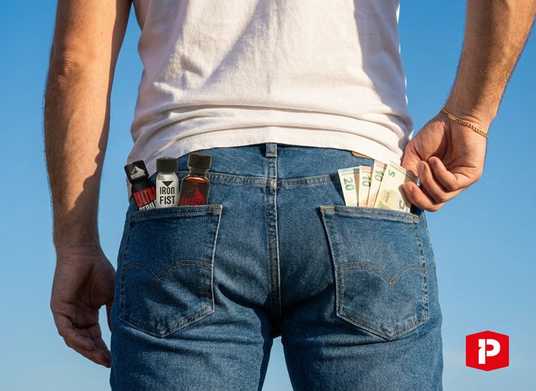 homme avec des poppers et des billets en poche.