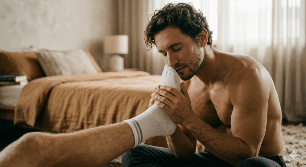 Homme qui renifle une chaussette avec plaisir