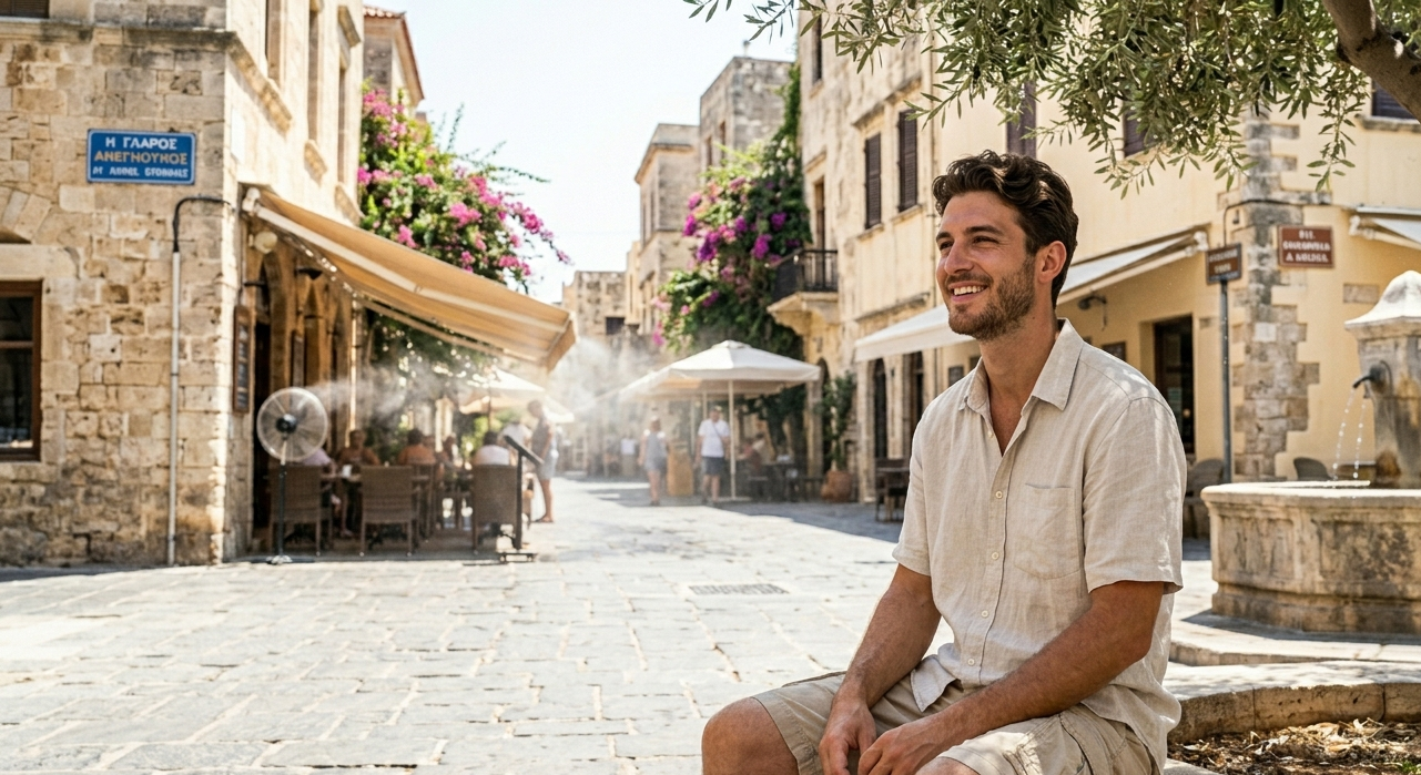 Homme assis à l'ombre en ville en pleine canicule