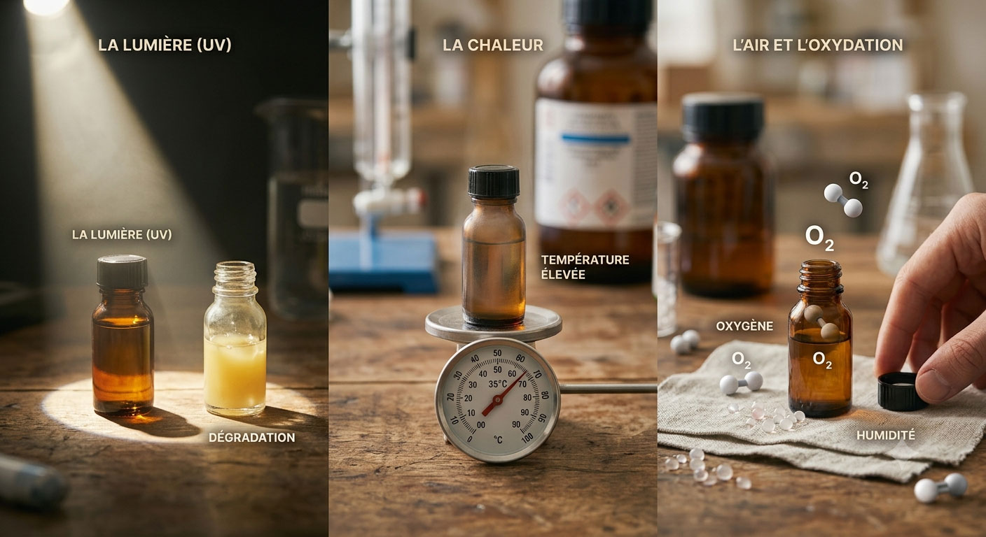 Image des trois éléments qui dégradent la qualité d'un poppers