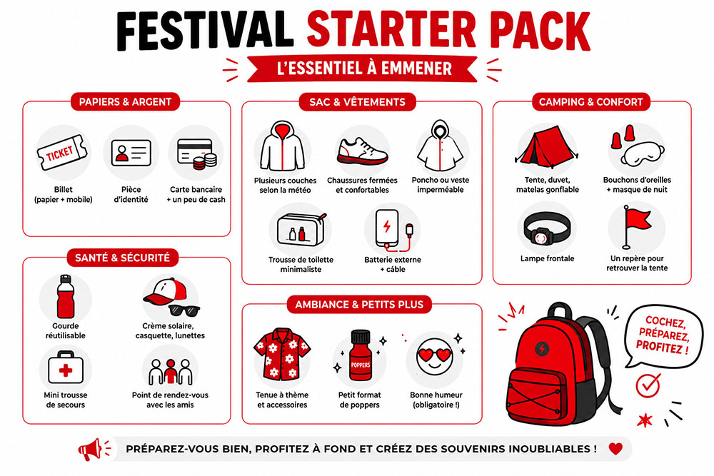 Infographie sur les objets et équipements à emporter en festival