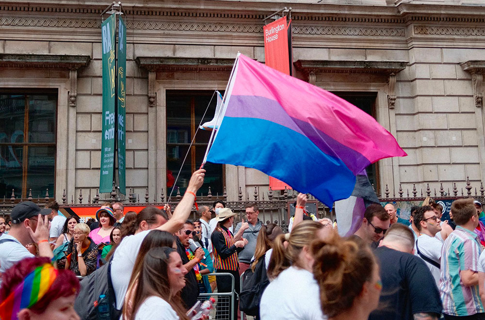 Drapeau bisexuel dans la rue marche