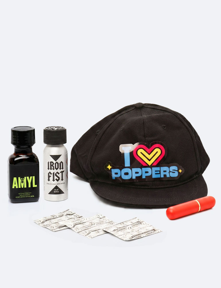 MAXI Kit festival : 2 Poppers + inhalateur + casquettes + préservatifs